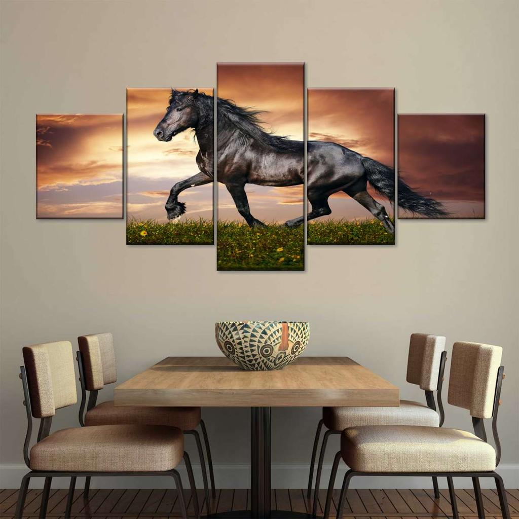 5 Panel Clashing Wild Horses Wall Art Running Horses Canvas Painting Horses On Beach Posters for Living Room Wall Decor No Frame