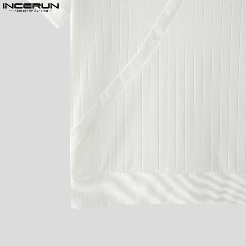 INCERUN Men V Neck Short Sleeve Solid Color Casual Fitted Rib T-shirts