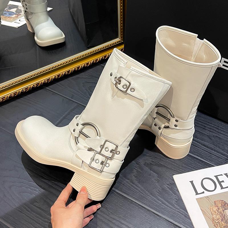 Genuine Leather Boots Women  Mid-calf Metal Buckle Designer Boots for Women Retro Thick Heel Platform Ankle Boots Botines