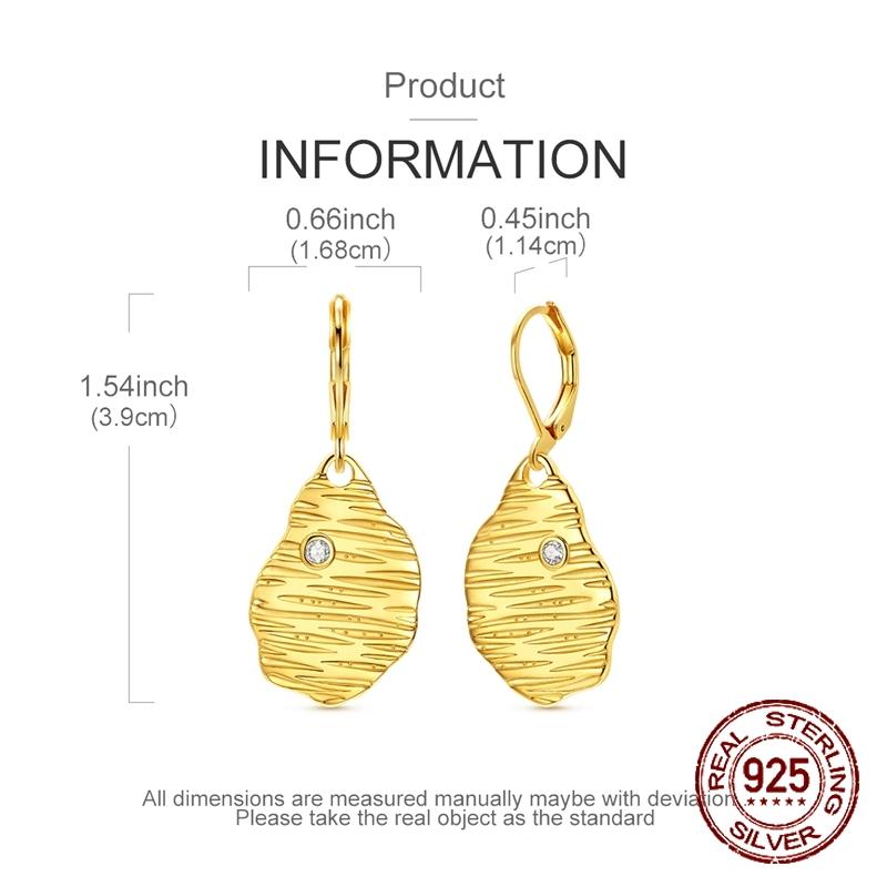 925 Sterling Silver Golden Textured Irregular Earrings Wavy Striped Dangle Earrings CZ Stone Jewelry Gift for Women Girls