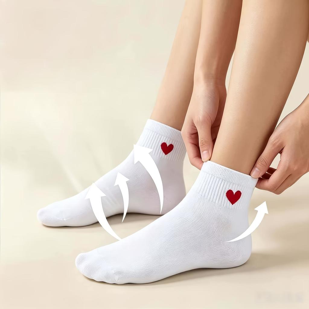 5 Pairs White Heart Breathable Low-Cut Summer Boat Socks, Suitable for Women And Men, Lightweight Socks, Travel Essential
