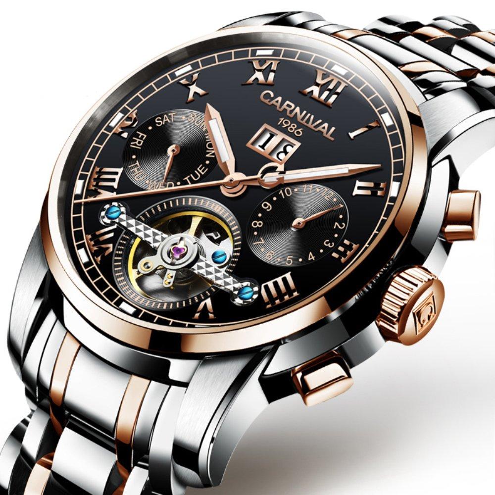 8759G Uhr Uhr Kalenderanzeige Dekoration [CARNIVAL] Herren [Analog/Mechanisch/Automatisch] (Schwarz/Roségold/Metall) (Datum) Chronographen-Stil