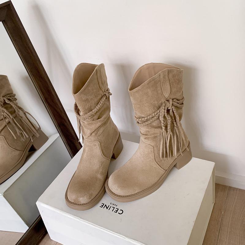 

Autumn and winter boots fringed thick heel medium and high boots western cowboy boots women s pile thin boots 40