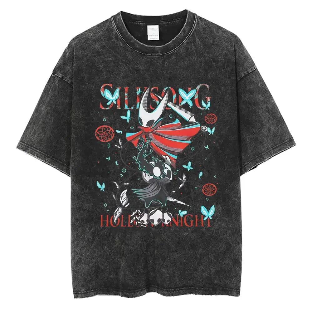 Hollow Knight Vintage Washed Gaming Merch Grafik T-Shirt Unisex Unisex Lässig Oversized Baumwoll-T-Shirt für Cosplay Cartoon-Fans