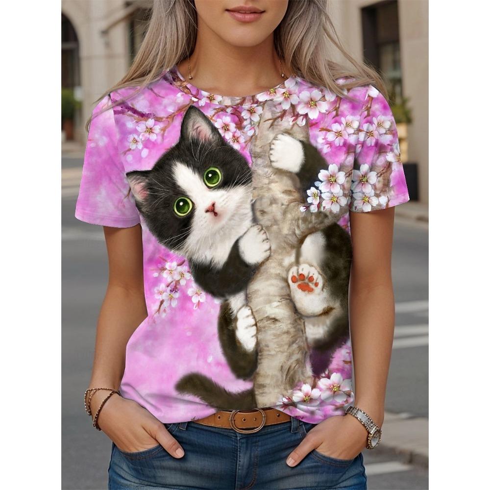 Söt kattmönster 3D-tryckt T-shirt dam sommar O-hals kortärmad topp street lös