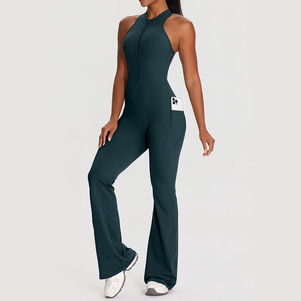 European and American Sleeveless Yoga Bodysuit with Strap Pocket, Sexy Open Back, Hip Lifting Flared Jumpsuit