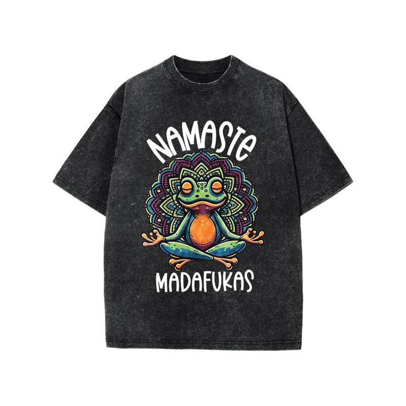 Funny T-Shirt with Frog Design - "Namaste MadaFukas" Graphic, Unisex Short Sleeve, Long Length, Casual Style, All-Season Wear