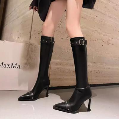 Damen High Top Reißverschluss Gürtelschnalle Hochhackige Einfarbige Damenstiefel 2024 Neue Frühling und Herbst Damenstiefel