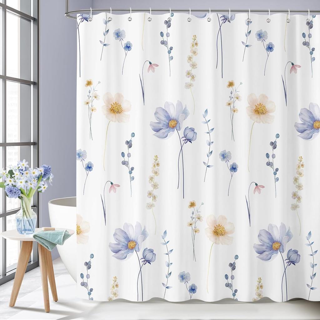 Watercolor Floral Shower Curtains Bathroom,Blue Orange Flower Shower Curtain Set,Minimalist White Bathroom Curtain with Hooks