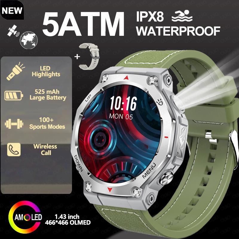 2026 New Flashlight-UV Light Smart Watch 5ATM Waterproof 1.43 Inch AMOLED Heart Rate 100 Sport Modes Bluetooth Call Smart Watch