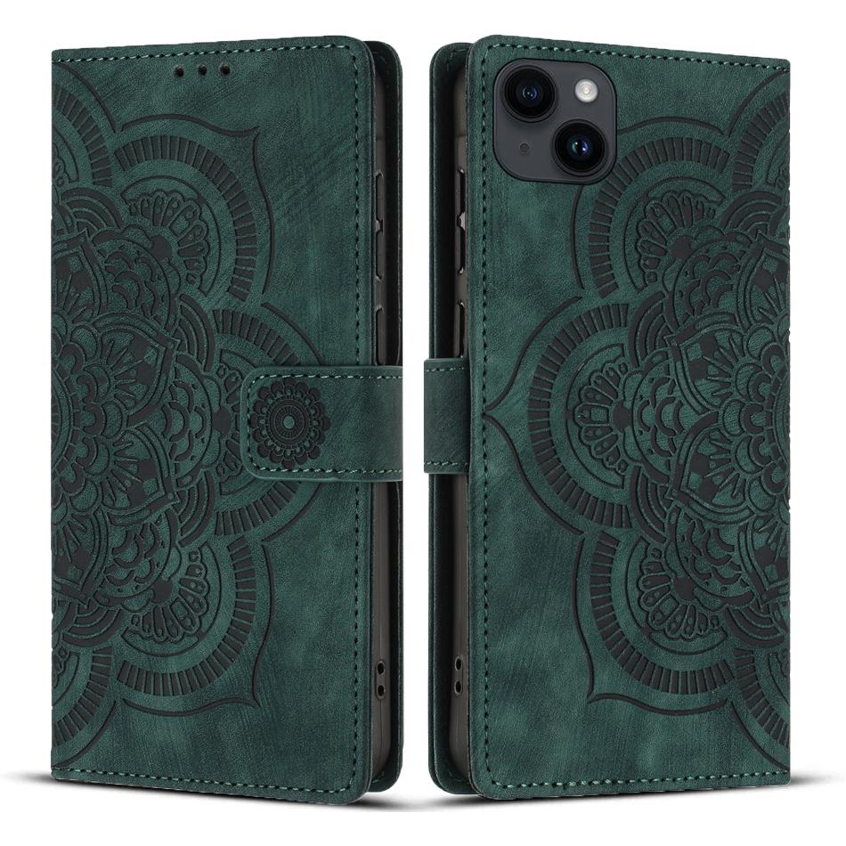 

For iPhone 14 Leather Case WANLONFENG HDM Series Mandala Imprint Wallet Stand Phone Cover Green