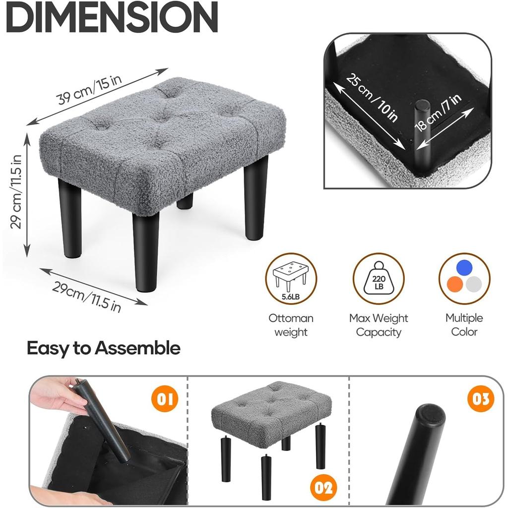 Small Ottoman Foot Rest with Legs, Teddy Velvet Foot Stool for Office, Living Room, Dorm, Bedroom | Grey