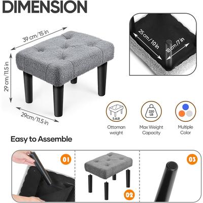Small Ottoman Foot Rest with Legs, Teddy Velvet Foot Stool for Office, Living Room, Dorm, Bedroom | Grey