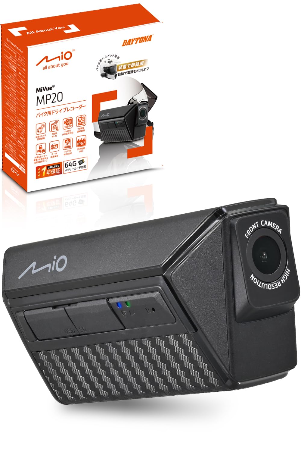 

Daytona Mio Видеорегистратор для передней части и шлема Часы непрерывной записи Карта MicroSD 64 ГБ Водонепроницаемый и светодиодный MiVue MP20 63336 Мотоциклы, Задний, Крепимый,