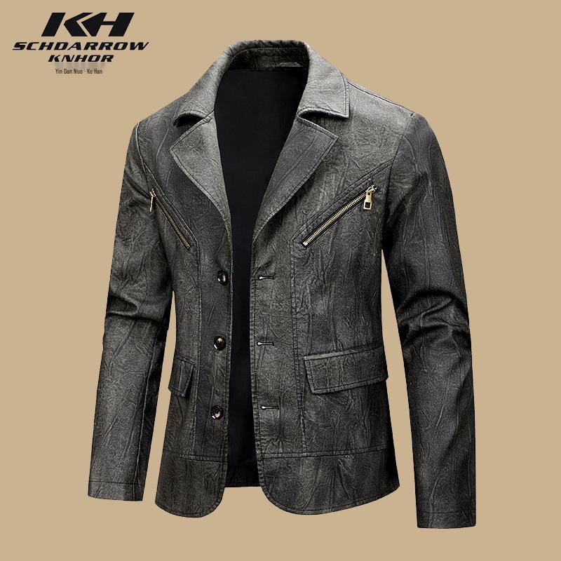 

Men s Retro European & American PU Leather Motorcycle Jacket – Slim Fit, Trendy Design with Lapel Collar 3XL чёрный
