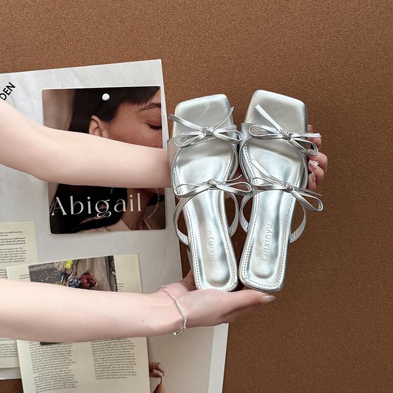Stylish and simple versatile bow with cool slippers women's 2025 summer versatile skirt open-toed cool slippers