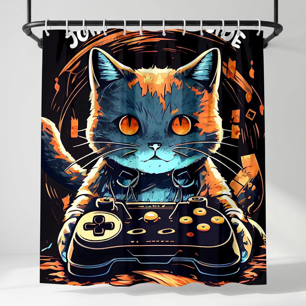 

Funny Gamer Cat Join The Dark Side Shower Curtain - Creative Kitten Gaming Art - Indoor Home Bathroom Decor Art Bath Curtain W60H190(CM)-1 Pcs