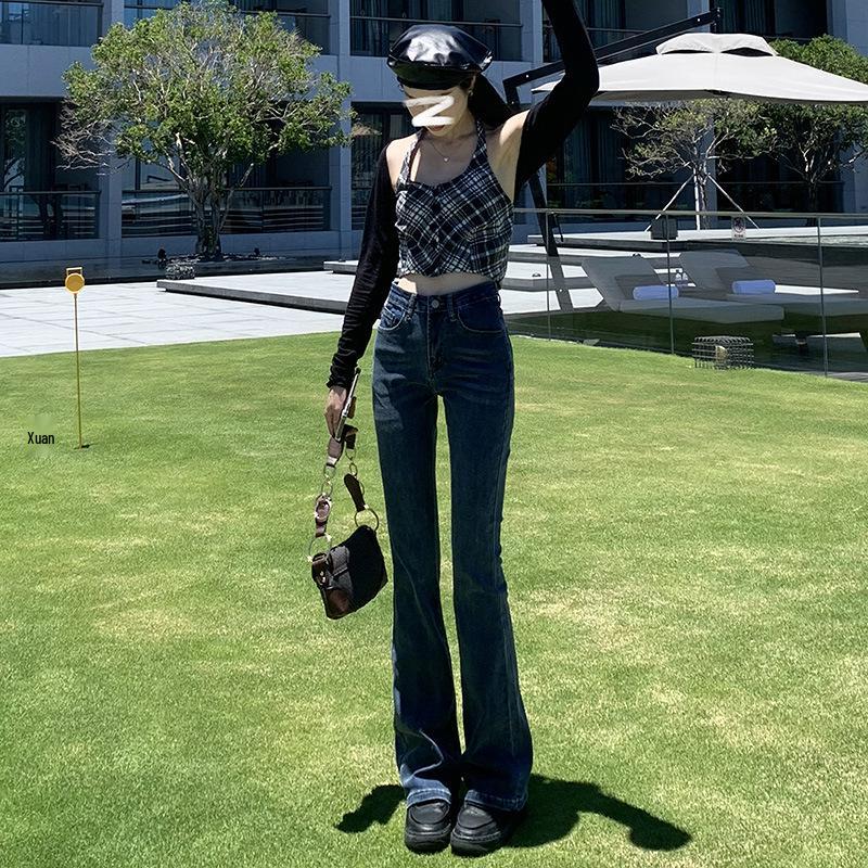 Women's High-Waisted Micro-Flared Slimming Jeans, Summer 2024 Collection, Nine-Point Wide-Leg Petite Fit