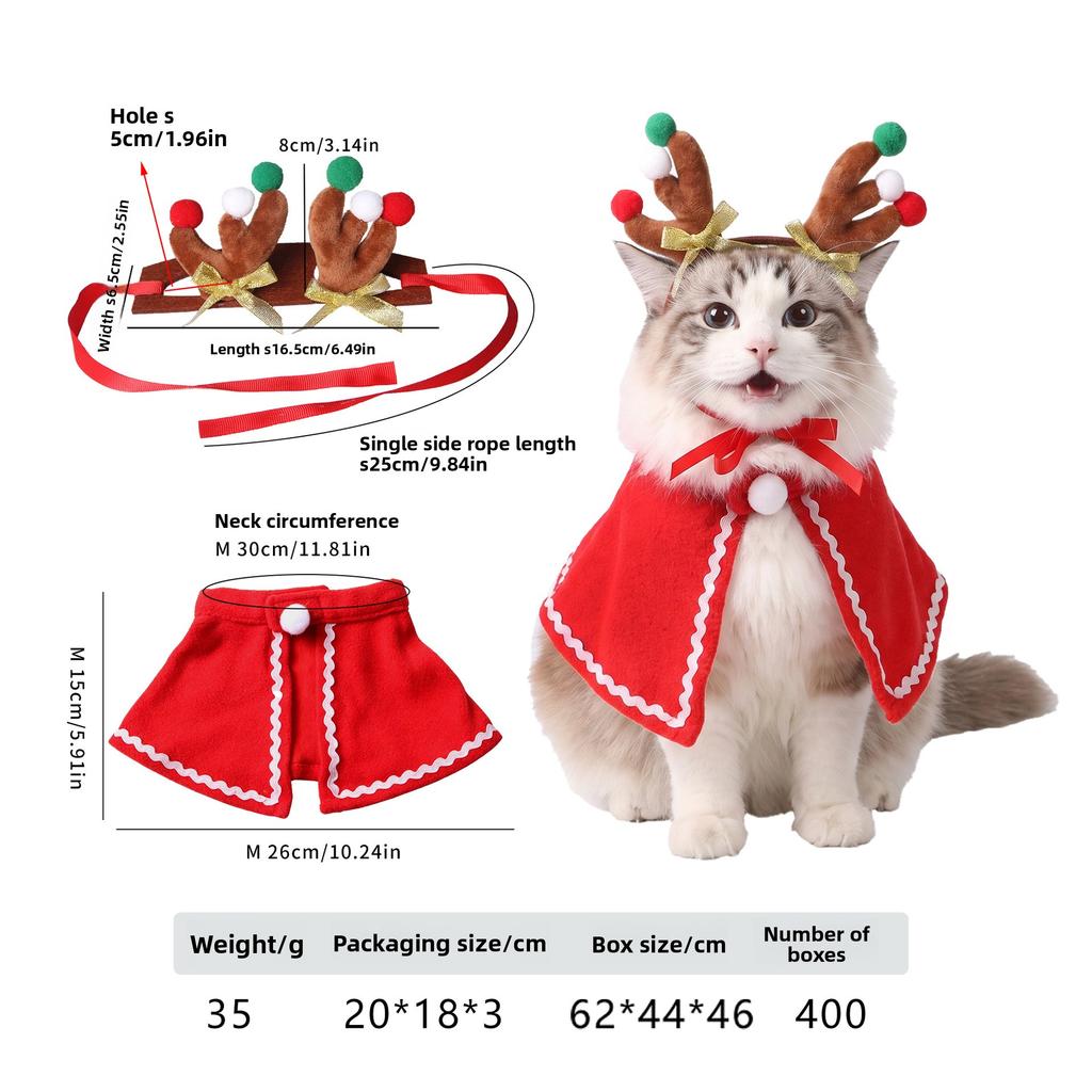 Christmas Pet Antlers Cape Set Cats and Dogs Holiday Dress Up Antlers Headband Cape Pet Dress Up