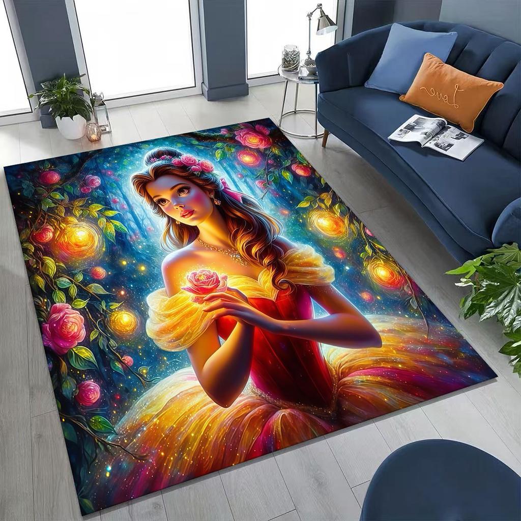 3D Lovely Beauty and The Beast Cartoon Rug for Bedroom Living Room Sofa Home Doormat Decor, Large Kids Play Non-slip Floor Mat