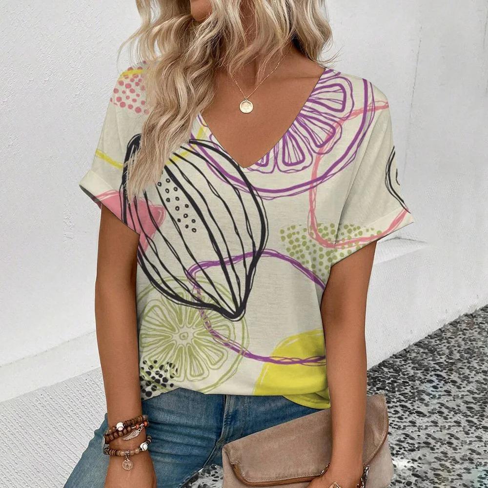 Damski letni T-shirt 3D z dekoltem w serek, modny, z krótkim rękawem, z zabawnym wzorem owocowym, cienki, luźny, casualowy, duży, oddychający, wkładany przez głowę