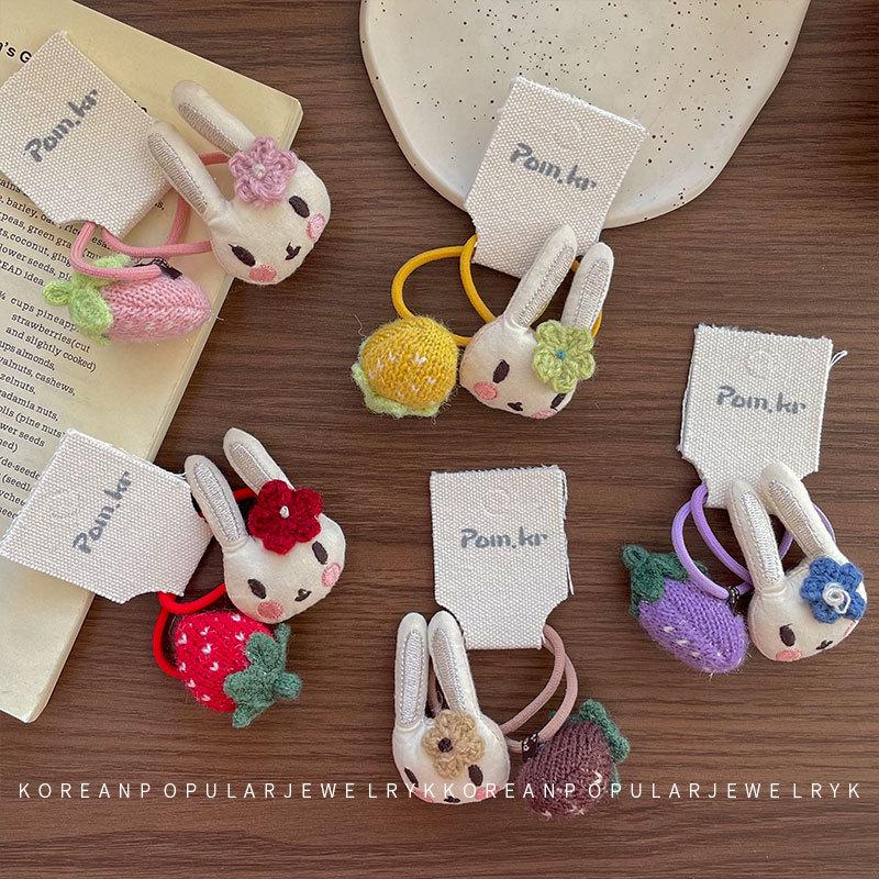 Kreslená gumička do vlasů s králíčkem a jahodou v korejském stylu pro děti - Vysoce elastická látka, držák na culík