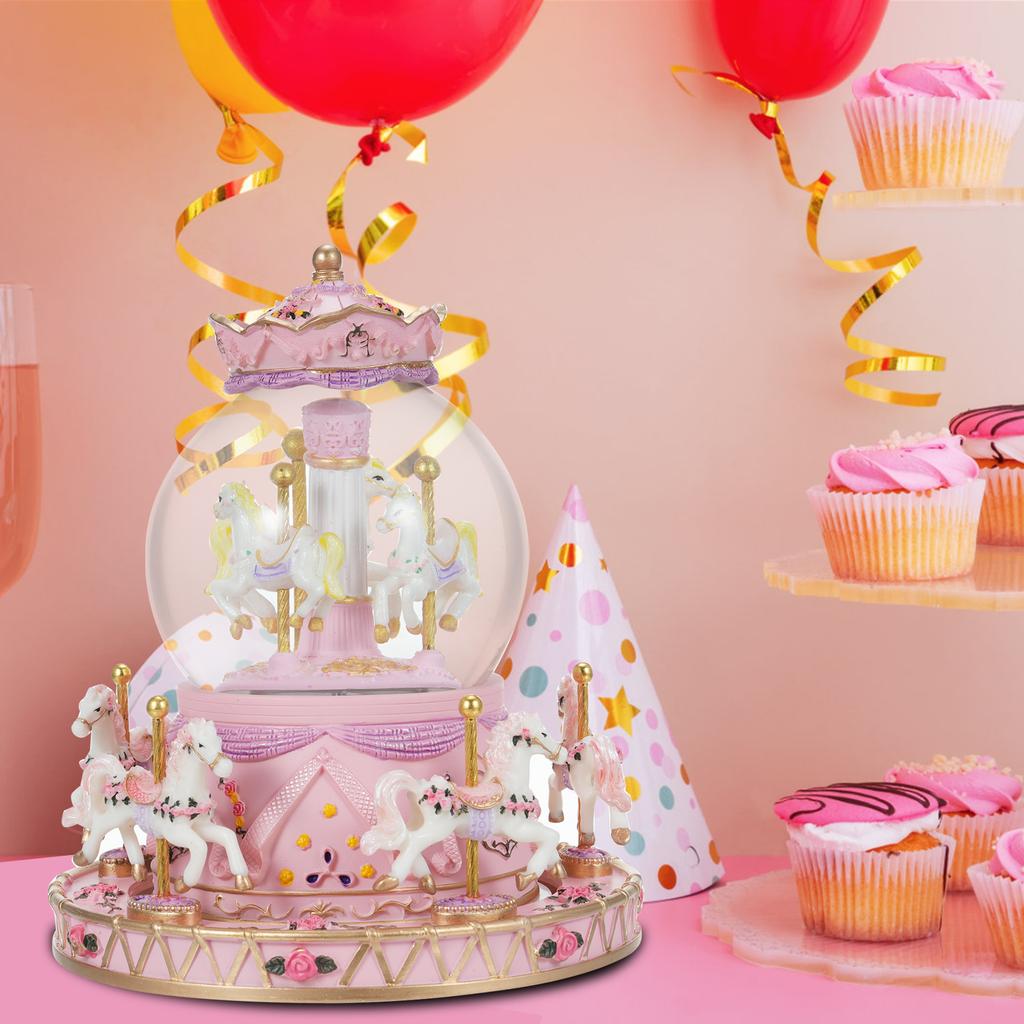 Rotating Carousel Music Box Crystal Ball Light up Snow Globe Wind up Musical Box Colorful Lights Cute Little Horses