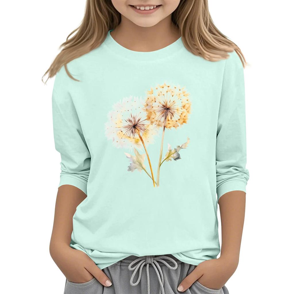 Children's 3/4 Sleeve Round Neck Flowers Print Casual Top
