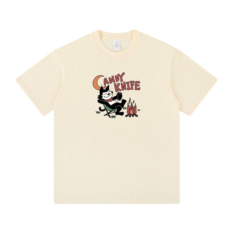 2024 Trendy Hong Kong Chic Cartoon Print Khaki Short-Sleeve Women's Loose T-Shirt