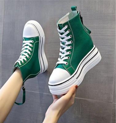 Women's Thick Soled Sneakers  New Slope Heel 8cm Height Increase Women's Zipper Breathable Casual High Top Canvas Shoes
