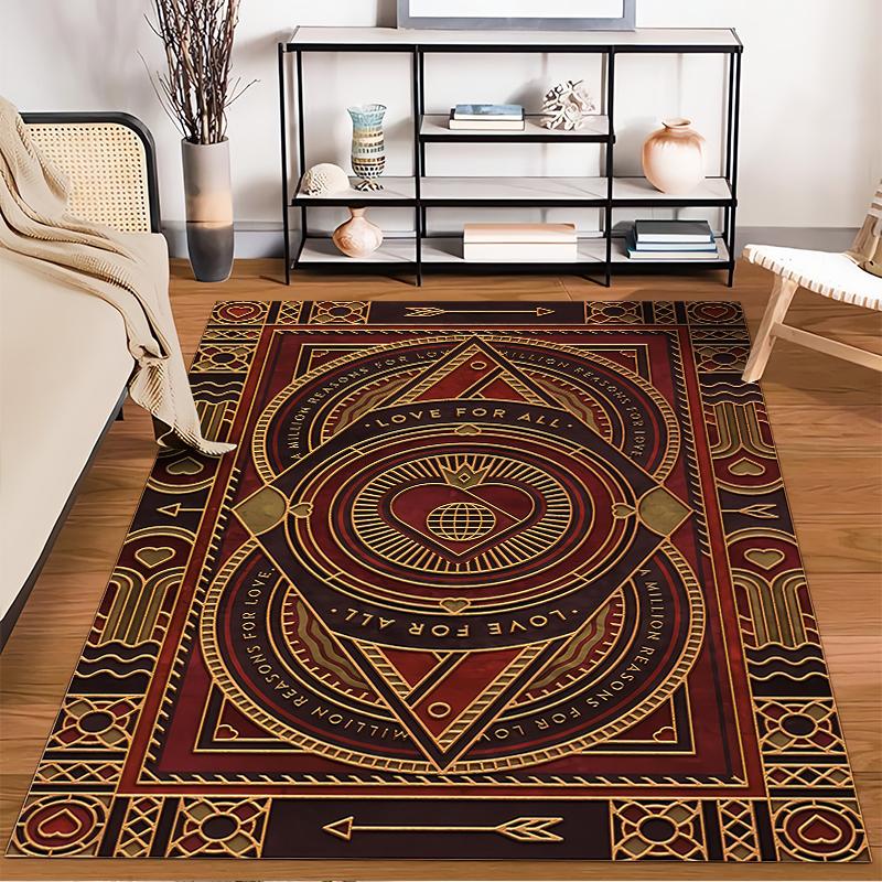 Geometric Pattern Carpet with "Love for All" Text, Red and Gold Design Suitable for use as an anti-slip for living room bedroom sofas