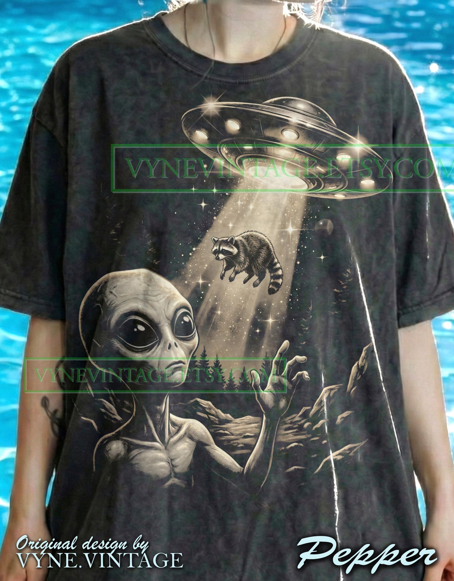 Alien Ufo Raccoon Comfort Colors® Tshirt, Retro Sci-Fi Tees, Vintage Space Sweater, Abduction Tanktop, Trash Panda Extraterrestrial Art M