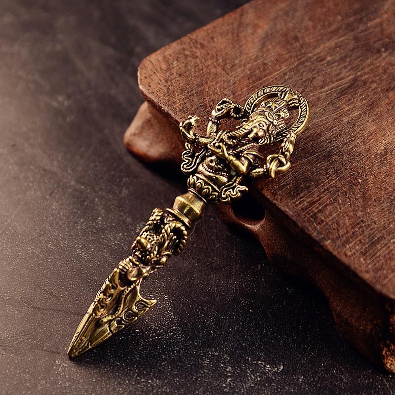 Solid Brass Tibetan Vajra Dorje Ritual Staff Handheld Ornament Buddha Statue Decorative Figurine