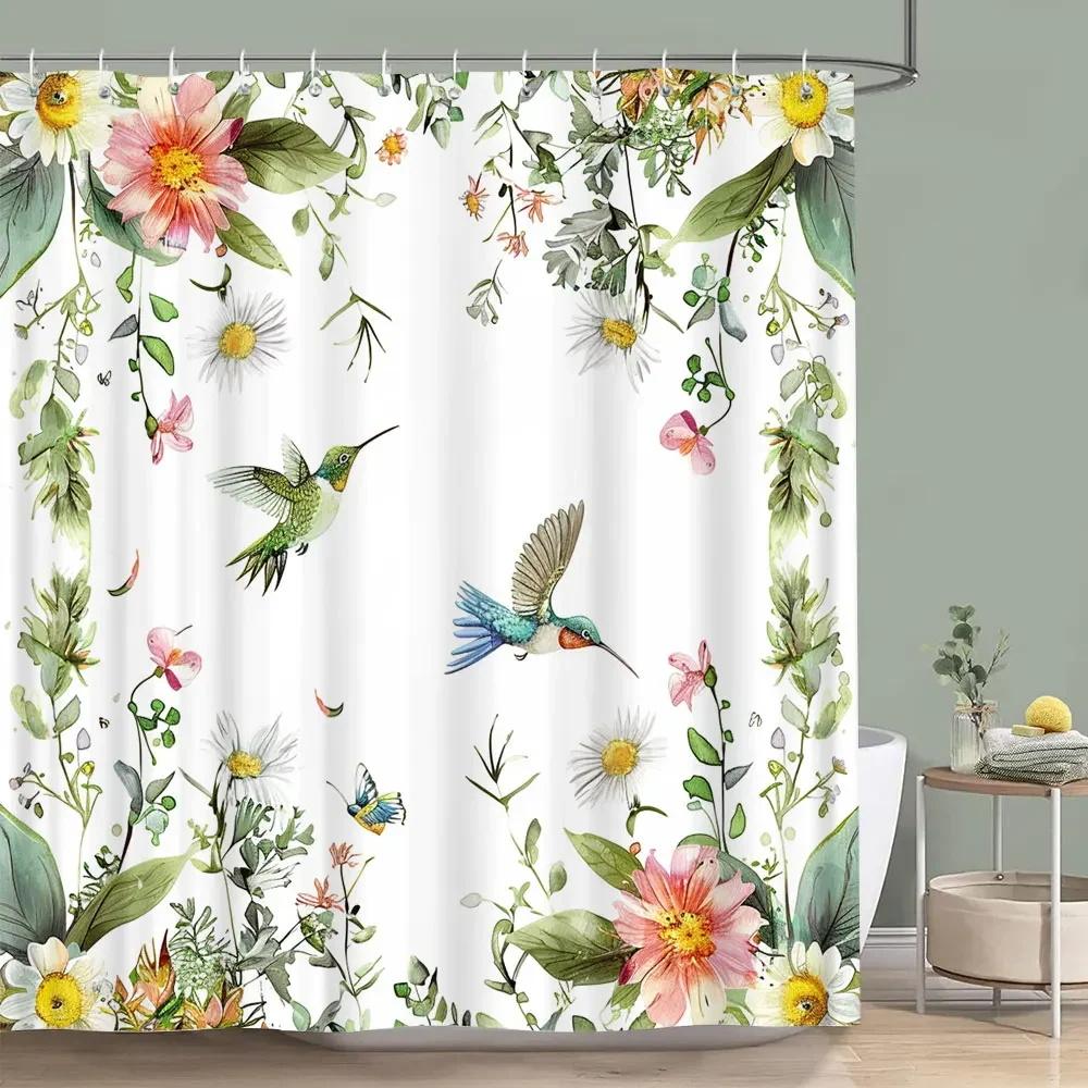 Hummingbird Floral Shower Curtain Butterfly Flower Plants Birds Watercolour Leaves Bath Curtains Home Bathroom Decor with Hooks