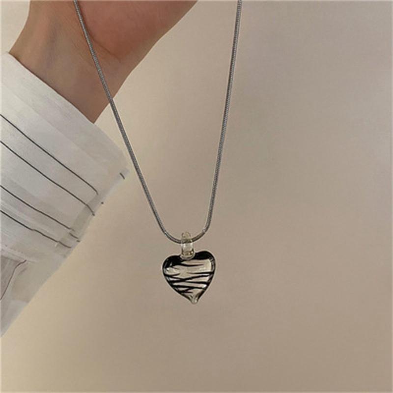 Black Zebra-Stripe Glass Heart Pendant 