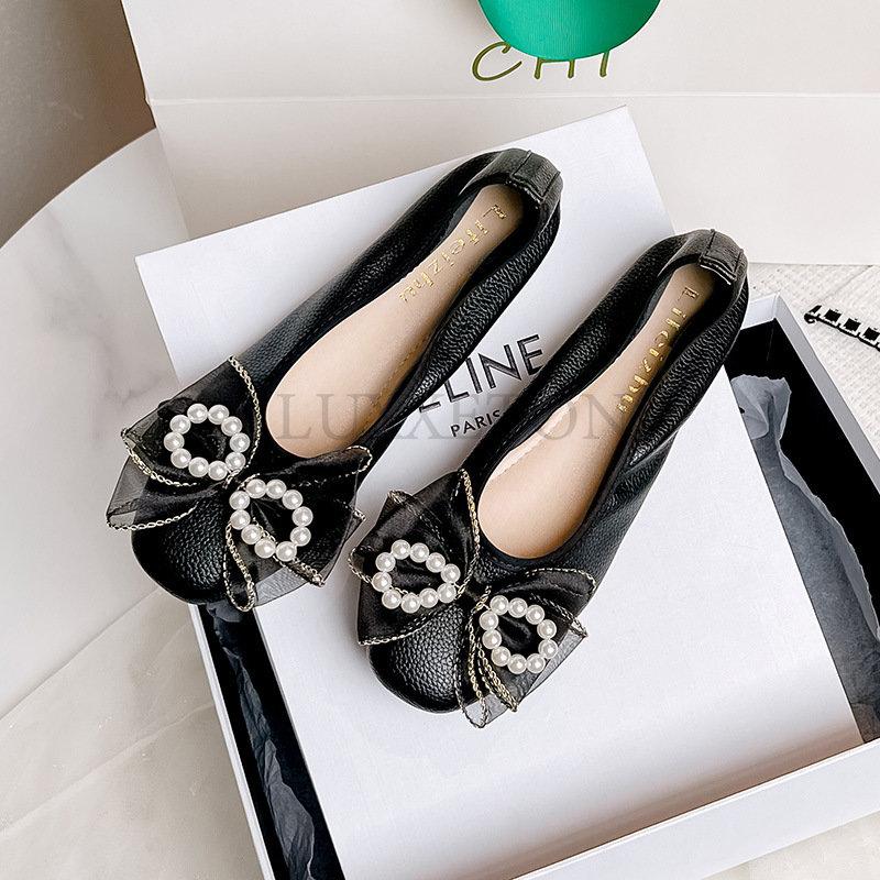 Ballet Flats Classic Shoes Women Basic Leather Two Color Splice Bow Round Ballet Shoe Fashion Flats Women Shoes