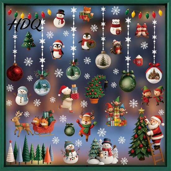 Removable Wall Stickers for Bedroom 2Pcs Christmas Static Window Cling Stickers PVC Snowman Penguin Decorative Glass Clings Living Room Bell