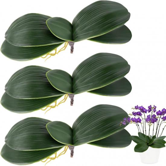 3PCS Artificial Orchids Leaves - Lifelike Fake Phalaenopsis Orchids Leaves with Plant Root, Green Leaf Plants for Flowers Arrangements Pot Shelf