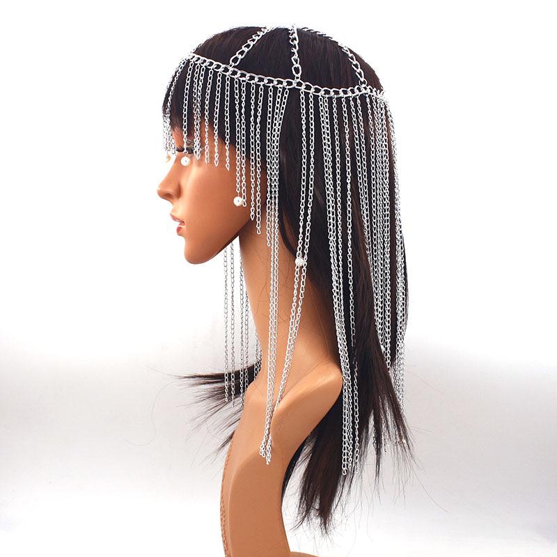 Exaggerated Long Tassel Aluminum Chain Headpiece with Pearl Pendant for Women