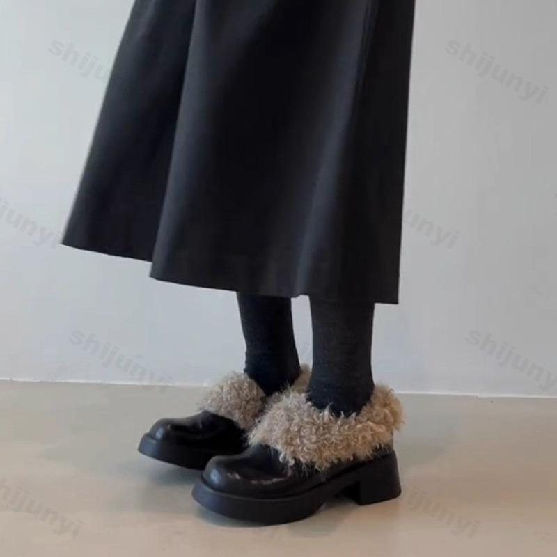 Winter Women's Shoes Luxury 2026 PU Leather Casual Warm Furry Outdoor Dress Shoes Fashion Wedge High Quality Women Loafers