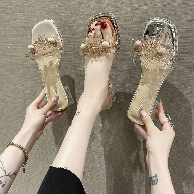 Crystal flower decoration with versatile mop summer 2025 new fairy sandals women's slippers outer wear