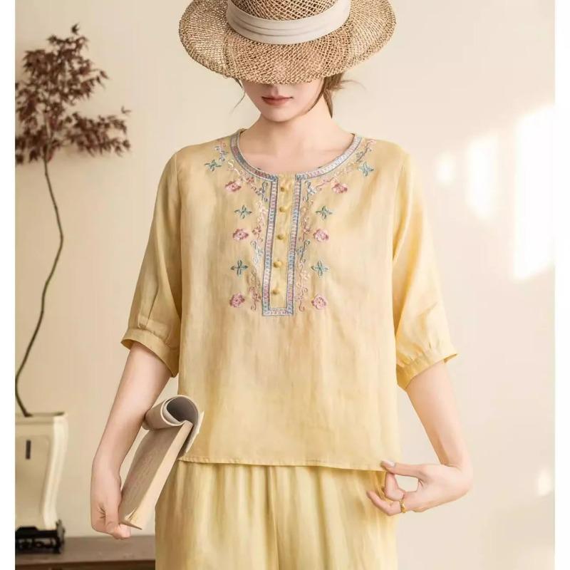 Womens Pink Linen Blouse Casual Floral Embroidered Half Button 3/4 Sleeve Top