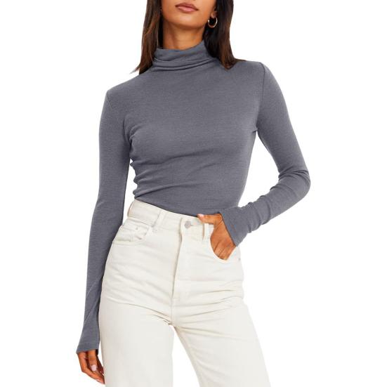 Women Bottoming Tops Slim Fit Stacked Collar Long Sleeve Solid Color Pullover Shirt Elastic Jumper Daily Wear