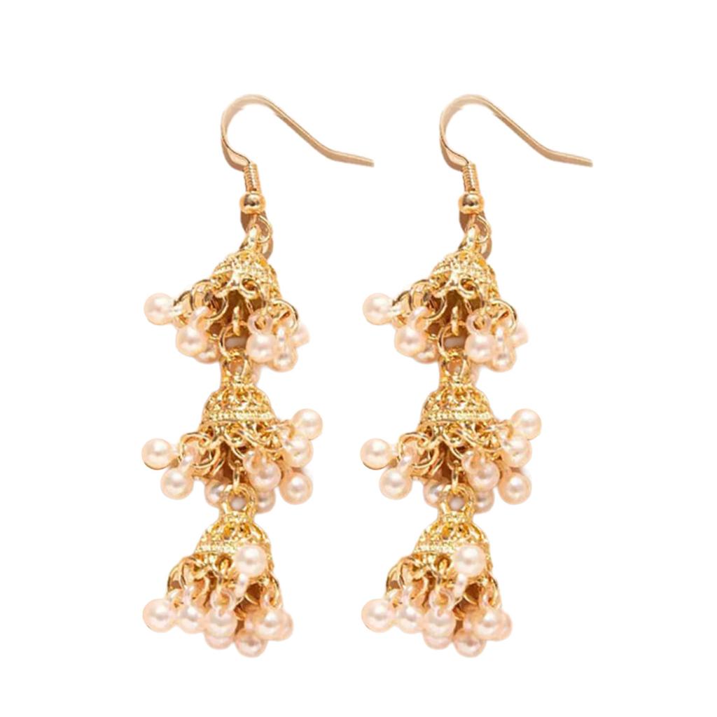 Pair Of Alloy Made Bohemian Style Dangling Earrings With Three Layer Hollow Out Bell Tassels For Versatile Outfits And Special Event