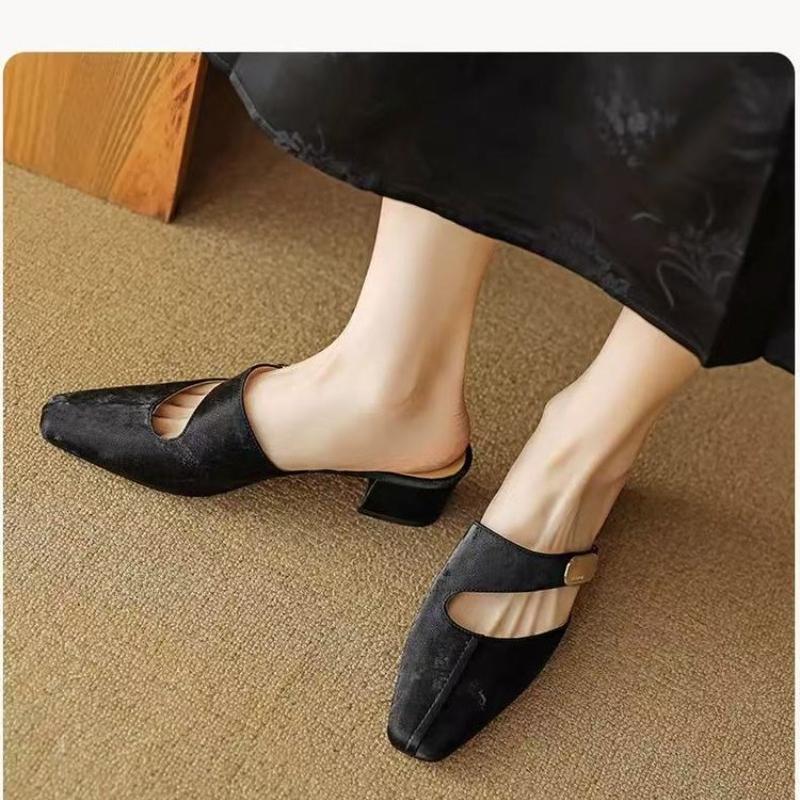 

Мода Модные тапочки для женщин 2025 Летняя обувь Чехол Туфли на высоком каблуке Платье Металлические шлепанцы Мюли Квадратный носок Массивный каблук Обувь с вырезами 34 чёрный