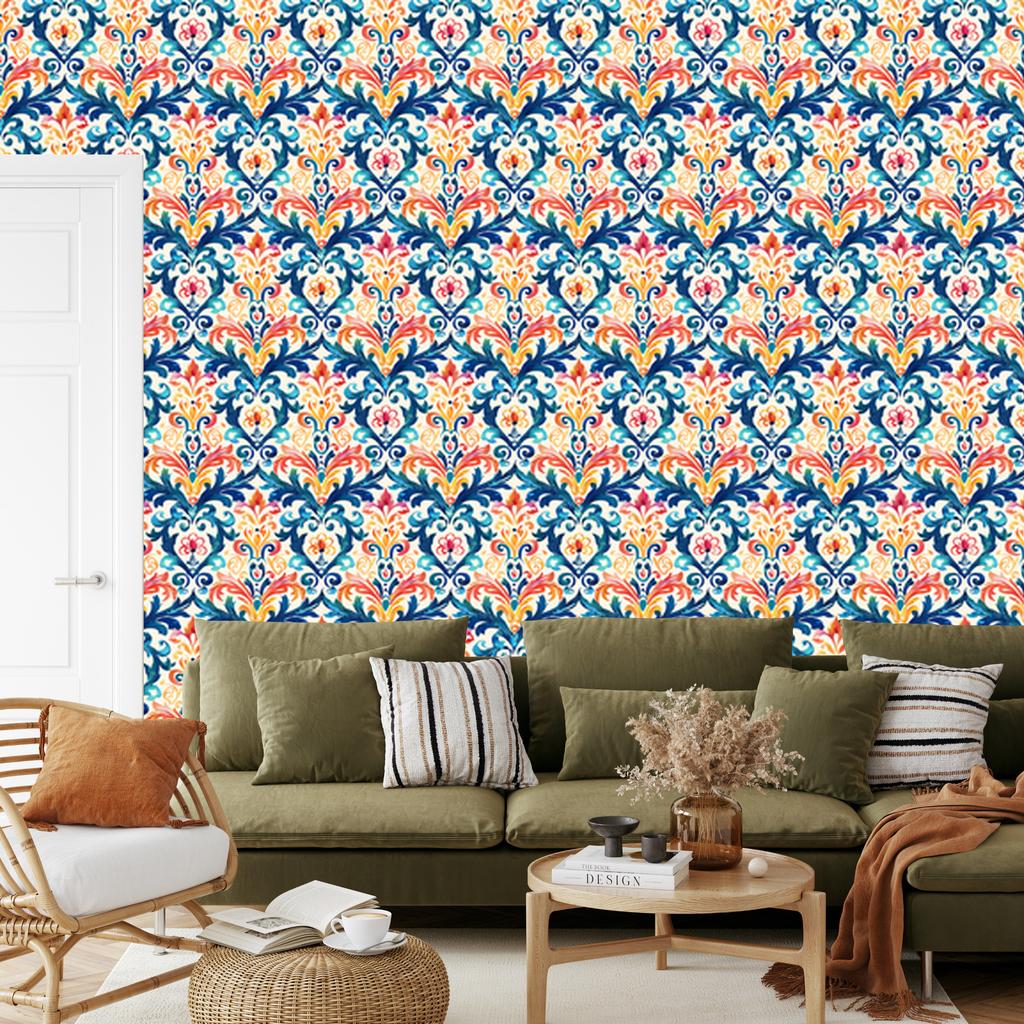 Baroque Damask Wallpaper Blue and Cream for Living Room and Bedroom 50x1000