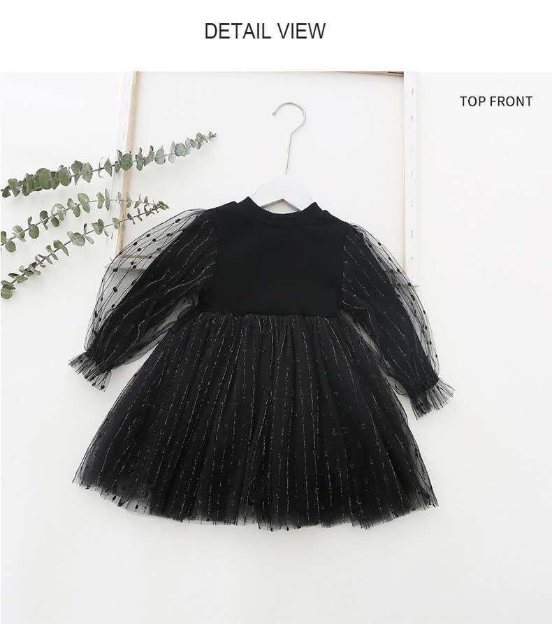 

2025 Spring/Autumn Girls Puff Sleeve Knit Mesh Dresses 120 cm чёрный