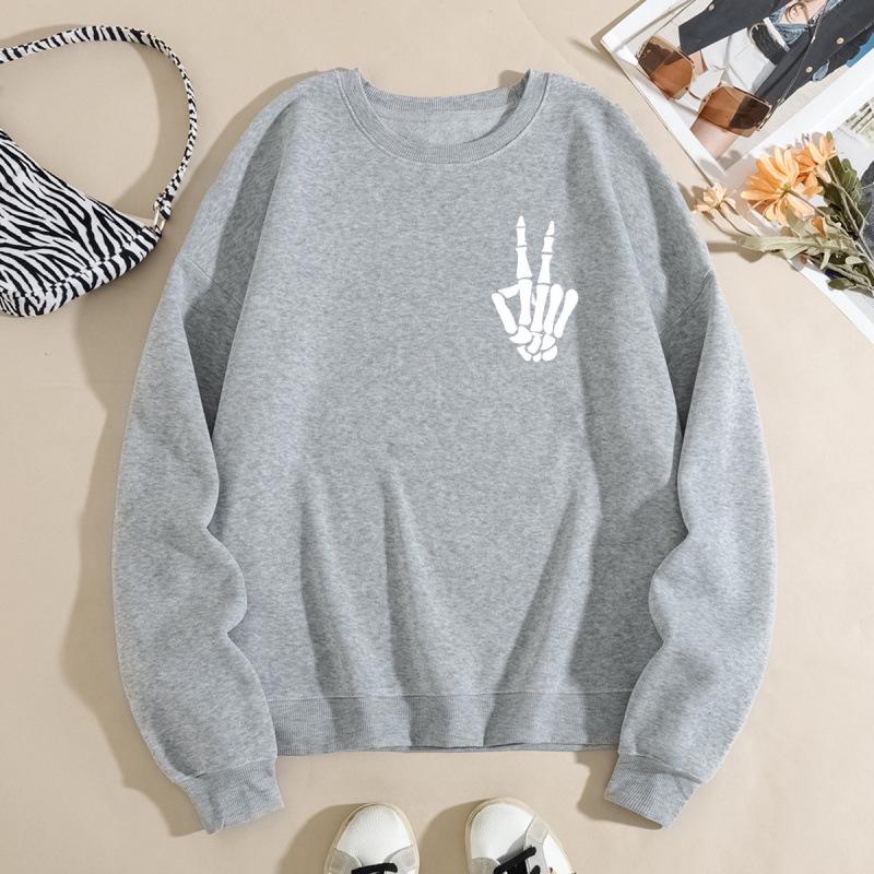 European & American Women's Loose-Fit Skull Hoodie - Plus Velvet, Long Sleeve, Round Neck