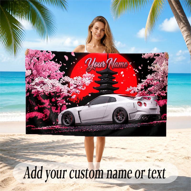 Car Racing Theme Beach Towel Personalized Custom Name & Text Soft Quick Dry Beach Towel for Swimming Travel
