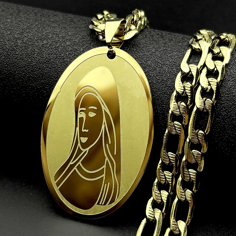 Catholic Virgin Mary Oval Pendant Necklace for Women Men Stainless Steel Gold Silver Color Our Lady Prayer Chain Jewelry Gift